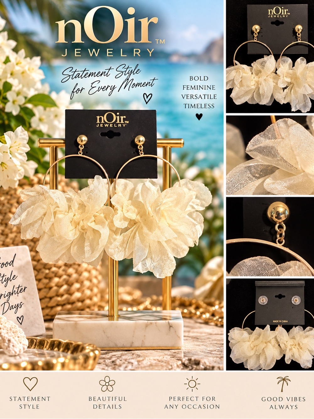 Noir Jewelry Ivory Floral Gold Hoop Statement Earrings